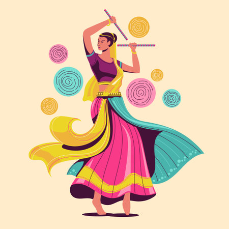 Indian dance. Vector illustration in flat cartoon style. Isolated on white background.のイラスト素材
