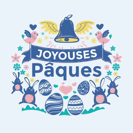Happy easter card with eggs, bell, flowers and bird. Vector illustration.のイラスト素材