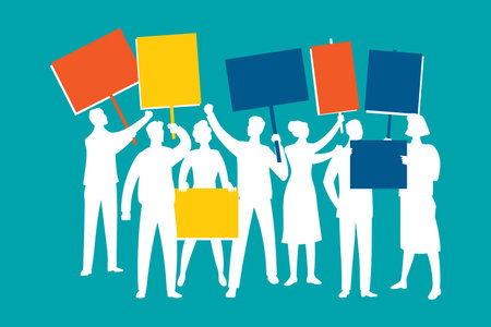 Group of people holding placards. Vector illustration, flat design.のイラスト素材