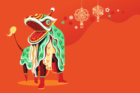 Chinese New Year greeting card with lion dancing on red background. Vector illustration.のイラスト素材