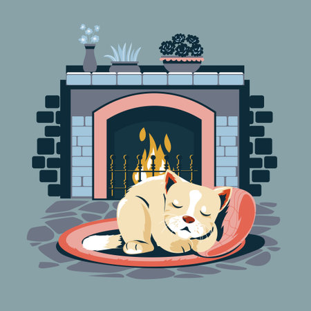 Cat and fireplace. Vector illustration in a flat style. Isolated on a gray background.のイラスト素材
