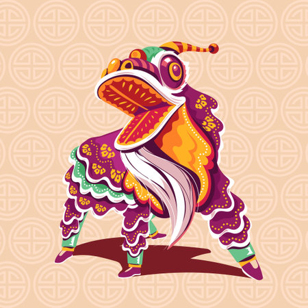 Vector illustration of a Chinese dragon dancing on a patterned background.のイラスト素材
