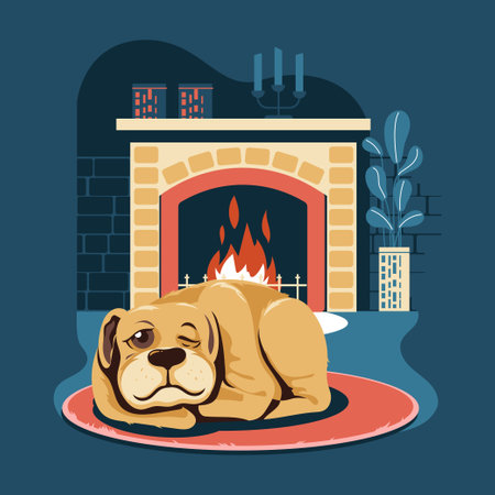 Bulldog sleeping near the fireplace. Vector illustration in flat style.のイラスト素材