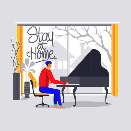 Vector illustration of a man playing piano at home. Flat style design.のイラスト素材