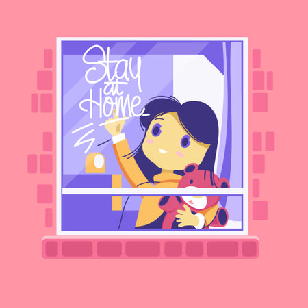 Girl in the window. Stay at home. Vector illustration in cartoon style.のイラスト素材