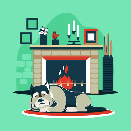 Sleeping dog in front of fireplace. Flat style vector illustration.のイラスト素材