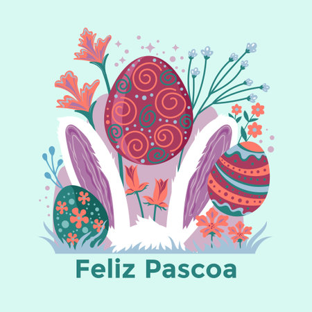 Happy Easter card with bunny ears, eggs and flowers. Vector illustration.のイラスト素材