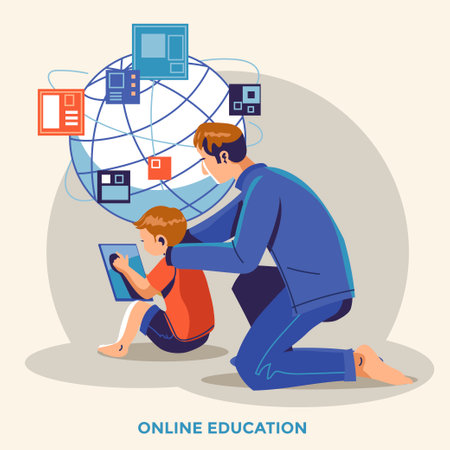 Online education concept with father and son using tablet computer vector illustration graphic designのイラスト素材