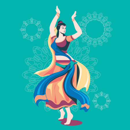 Indian woman dancing in traditional costume. Vector illustration in flat style.のイラスト素材