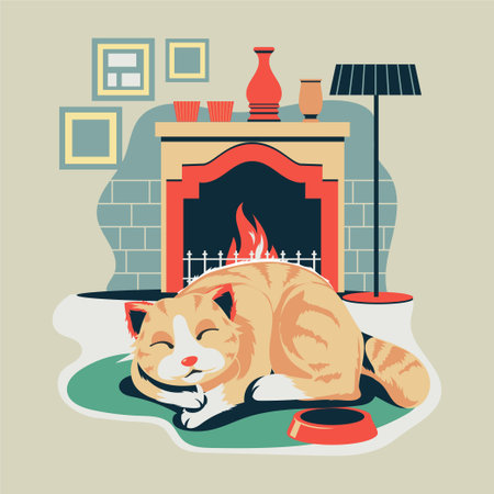 Cute cat sleeping near the fireplace. Flat style vector illustration.のイラスト素材