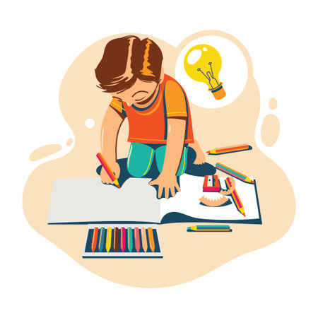 Cute little girl drawing and learning at home. Vector illustration.のイラスト素材