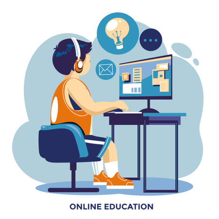 Online education concept. Young man sitting at the computer and studying. Vector illustrationのイラスト素材