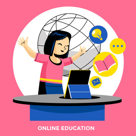 Online education concept with girl and globe. Flat style vector illustration.のイラスト素材