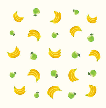 Pattern with green apples and bananas in triangulation technique on green background