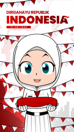 The joyous celebration of Indonesia's Independence Day by young woman bring Indonesia's flag. It serves as a versatile asset for various purposes such as web design, posters, campaのイラスト素材