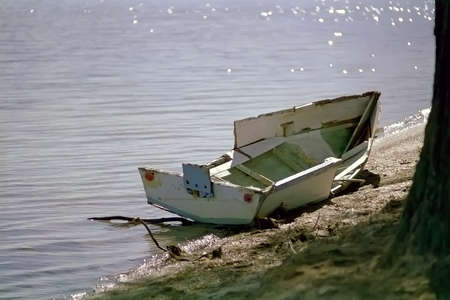 A smashed small boat washed up on the lake shoreの写真素材