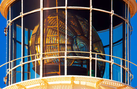 Close up of the lamp reflector fresnel and interior construction of a lighthouseの写真素材
