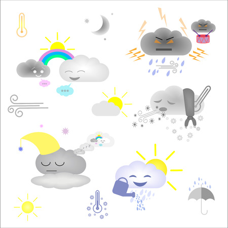 Cute weather and sky elements: moon, sun, rain and clouds vector illustration for kids, isolated design elements for children. Stickers, labels, icons, infographics for kidsのイラスト素材