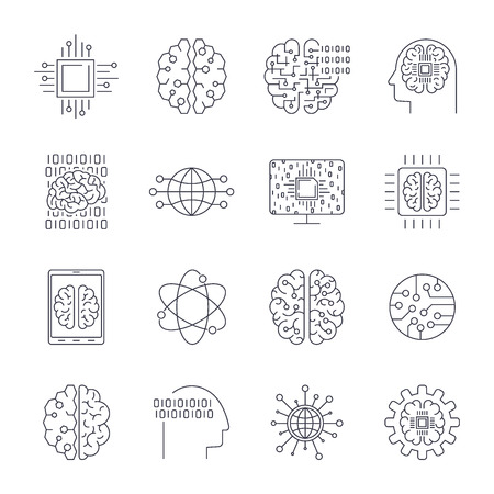 Icons in contour, thin and linear design. Artificial Intelligence, Modern technology. Concept illustration for website, apps, programs. AI, IoT, Robot, Cyber brain, chipping and other. Editable Stroke.のイラスト素材