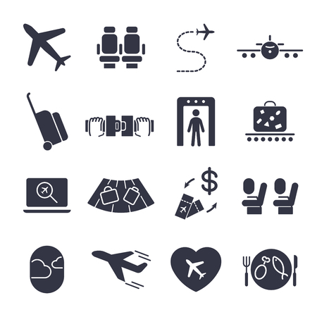 Airport icon set, airport management icons, aerial transportation icons plane, seat, airway, rechange, suitcase and otherのイラスト素材