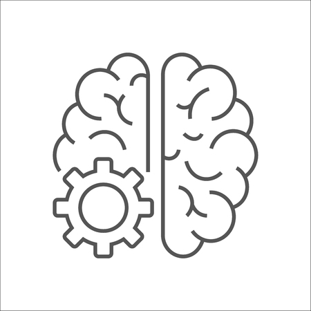 Vector logo icon with brain and gear cog. Abstract outline illustration. AI concept, IoT. Design...