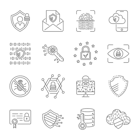 Data protection and cyber security thin line icons set. Cyber security, data and network protection. Protection technology, web services for business and internet safety.のイラスト素材