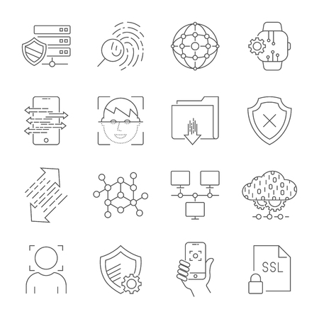 Cyber technology, networks, protection, connection. Vector icons set. Technologies of digital space. Editable Stroke. EPS 10のイラスト素材