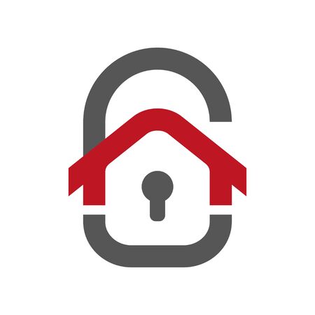 Home protection icon. House in the form of a door lock. Protection vector icon for web design isolated on white background. Home guard concept.のイラスト素材