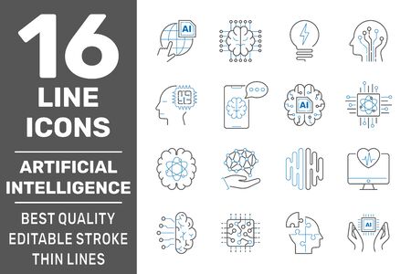 Machine learning  artificial intelligence icons set. Deep learning neural network concept. Editable Stroke.のイラスト素材