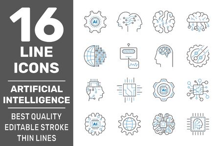 Artificial Intelligence Vector Line Icons Set. Cyber Brain, Face Recognition, Android, Humanoid Robot, Thinking Machine. Editable Stroke.のイラスト素材