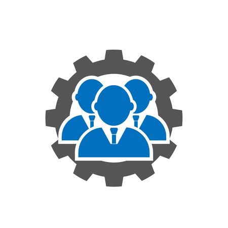 Leadership icon in flat style. Team and gear symbol isolated on white. Teamwork concept. Vector group of people icon. Simple teamwork abstract icon in black. Vector illustration. EPS 10のイラスト素材