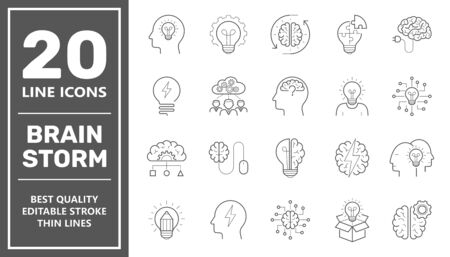 Set of brainstorm icons such as artificial light, brain, lightbulb, creative, creativity, knowledge, brainstorming, brainstorm. Editable Stroke. EPS 10.のイラスト素材