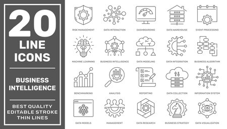 Set of icons related to business Intelligence and business management, such as machine learning, data modeling, development, visualization, risk management, and more. Editable strokeのイラスト素材
