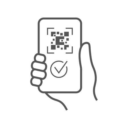 QR code scanning icon in smartphone. Hand holding mobile phone in line style, barcode scanner for pay, web, mobile app, promo. Vector illustrationのイラスト素材