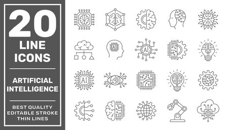 Artificial Intelligence outline icon set with machine learning, smart robotic, cloud computing, network, deep learning, AI CPU and other digital AI technology. Editable Stroke. EPS 10のイラスト素材