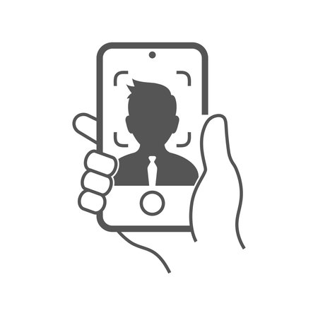 Selfie icon vector. Selfie icon vector symbol illustration. Modern simple vector icon for your design. Hand hold the phone and take the photoのイラスト素材
