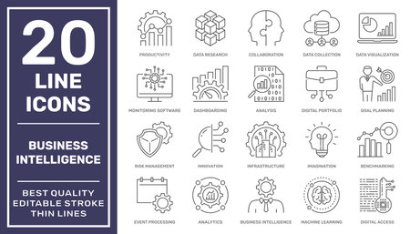 Business Intelligence - thin line vector icon set. The set contains icons Business Strategy, Big Data, Solution, Briefcase, Research, Data Mining, Accountancy. Editable strokeのイラスト素材