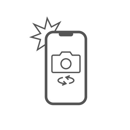Simple icon smartphone with camera and flash. Modern phone with photo sign for web design. Vector outline element isolated. EPS 10のイラスト素材