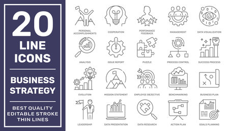 Business Management and Strategy Icon Collection. Thin Line Set contains such Icons as Vision, Mission, Values, Experience and more. Simple web icons set. Editable Stroke. EPS 10のイラスト素材