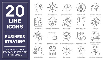 Business strategy line icons. Set of development, science, technology, creativity, success and more. Editable stroke. EPS 10のイラスト素材