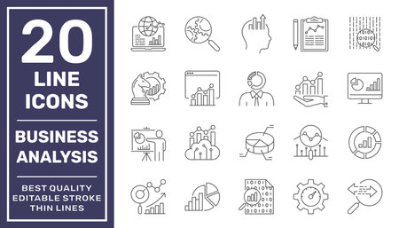 Business Analysis thin line vector icons set. Pixel perfect. The set contains icons. Business Strategy, Big Data, Solution, Research, Accountancy. Editable stroke. EPS 10のイラスト素材