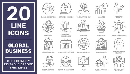 Modern thin line icons set of global business services and worldwide operations. Premium quality outline symbol collection. Simple linear pictogram pack for web graphics. Editable Stroke. EPS 10のイラスト素材
