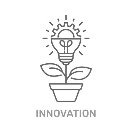 Vector creative concept in line style - light bulb with gear wheel growing from the flower pot. Innovation Idea concept. Technology innovations. Editable Stroke. EPS 10のイラスト素材
