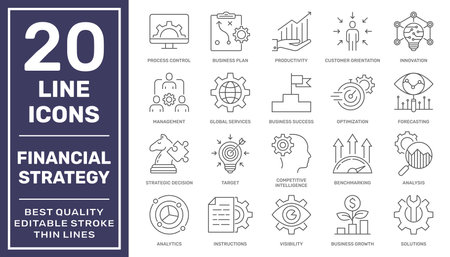 Financial strategy related icons. Business intelligence and strategy icons. Business and finance web icon set - outline icon collection, vector. Editable Stroke. EPS 10のイラスト素材
