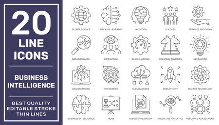 Business Intelligence icons set. Pack symbol vector elements for infographic, web. Business Intelligent tools and technology. Machine learning, invention, success, strategy. Editable Stroke. EPS 10のイラスト素材