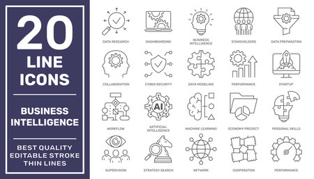 Business Intelligence related icons set. Business intelligence tools. Editable Stroke. EPS 10のイラスト素材