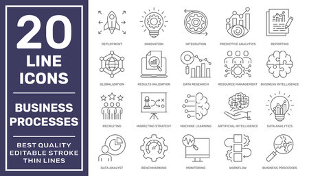 Business Processes and Smart Business. Thin line vector icon set. Pixel perfect. Editable stroke. EPS 10のイラスト素材