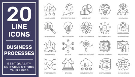 Business processes and tools. Business Intelligence and Management icons. Minimal thin line web icon set. Outline icons collection. Simple vector illustration. Editable Stroke. EPS 10のイラスト素材