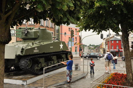 Bastogne, Belgium - August 2010   An American Sherman tank of the 11th Armored Division, on a square in Bastogneのeditorial素材