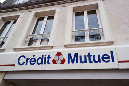 CARENTAN, FRANCE - JULY 2014: Branch of Cr?dit Mutuel in Normandy. Credit Mutuel is a major French bank, with headquarters in Strasbourgのeditorial素材